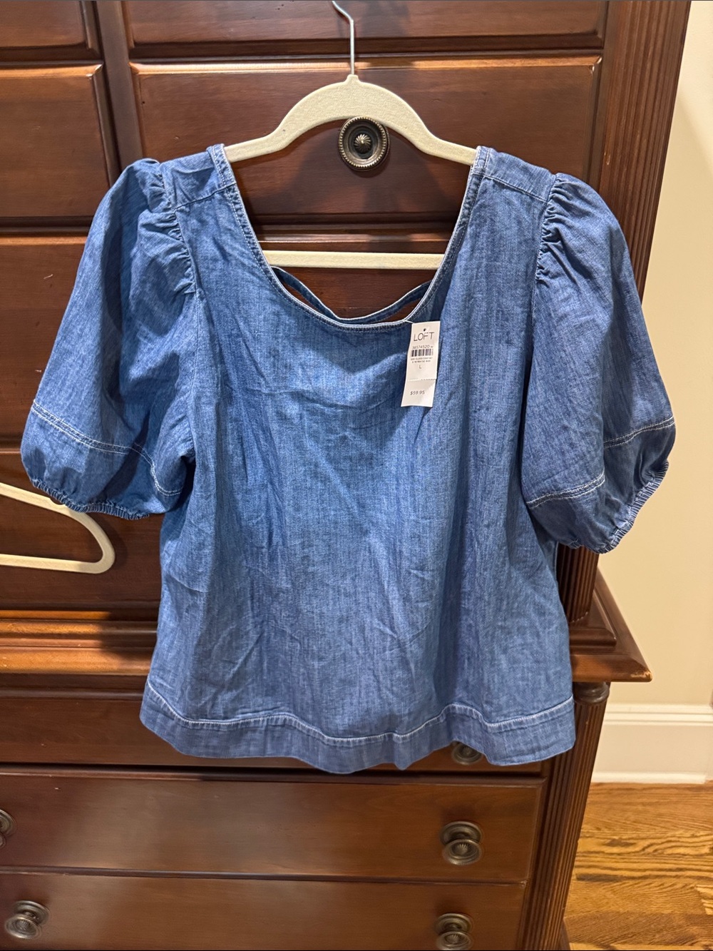 LOFT Denim-Effect Puff Sleeve Top in Blue